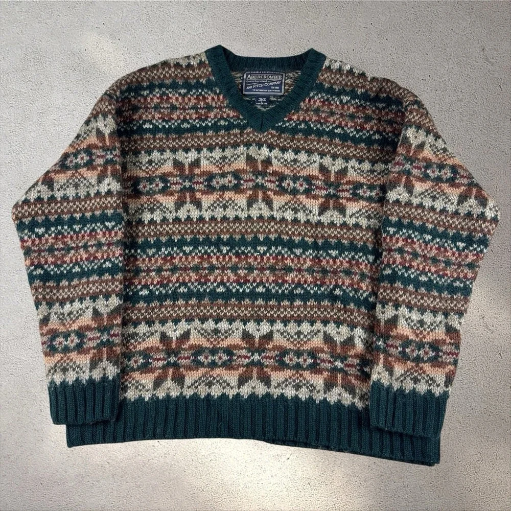 Vintage 90s Abercrombie & Fitch Wool Fair Isle Sweater Large Grandpa Thick Knit